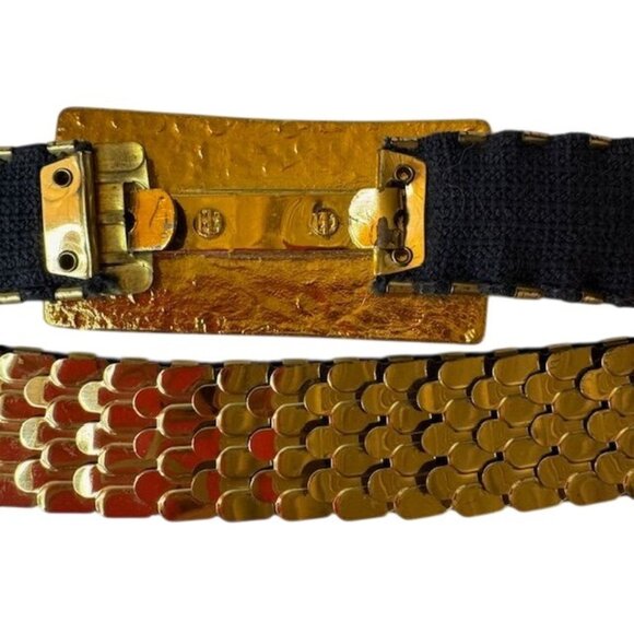 Vintage Gold-Tone Metal Waist Belt With Textured Rectangular Clasp & Elastic Bac - Picture 5 of 10